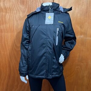 GEMYSE Mountain Waterproof Ski Black Jacket Windproof Snow Coat with Hood Size L